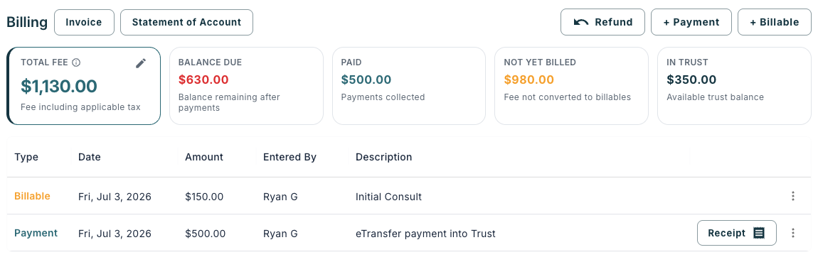 Billing and invoicing view